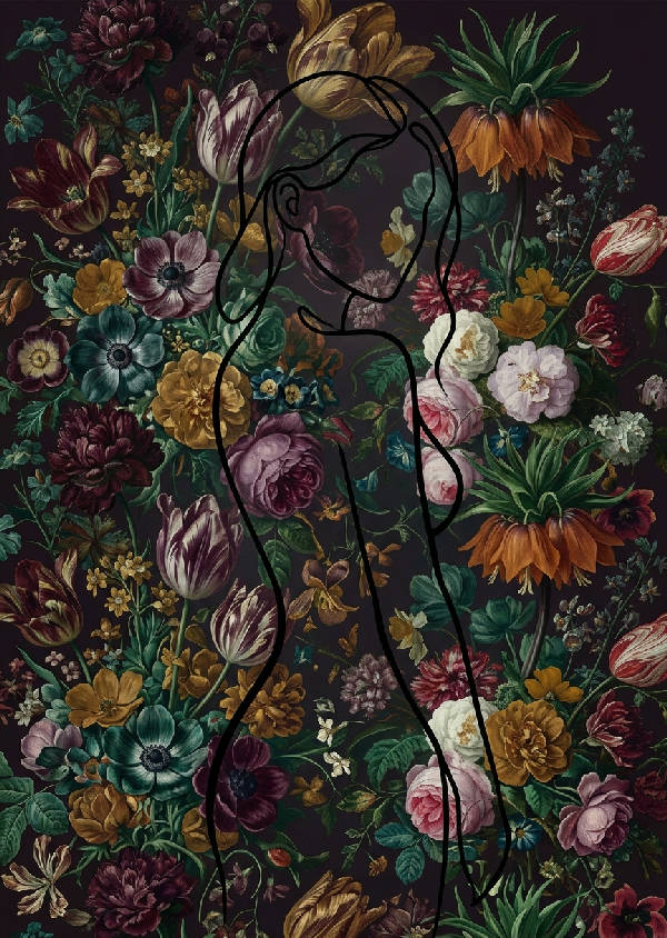 Linjekonst som detaljerat visar en överdådig holländsk blomsterbädd i en maximalistisk stil med inslag av lila och grönt.