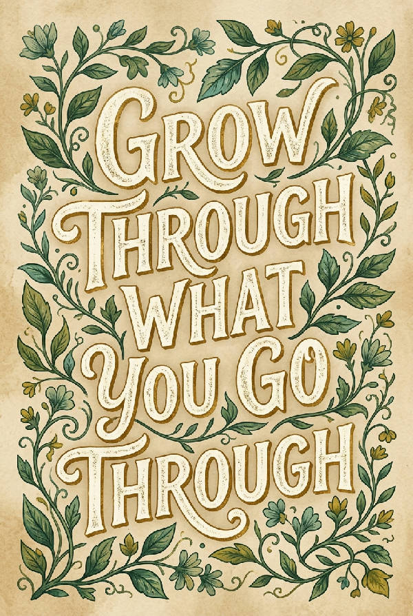 Närbild på texten 'Grow Through What You Go Through' i handritad stil, omgiven av gröna vinrankor mot en ljus bakgrund.