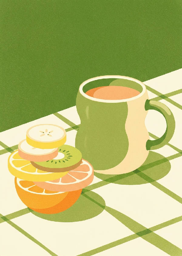 Abstrakt frukoststillben i risografistil med böjd keramisk mugg, skivad frukt och rutig duk.