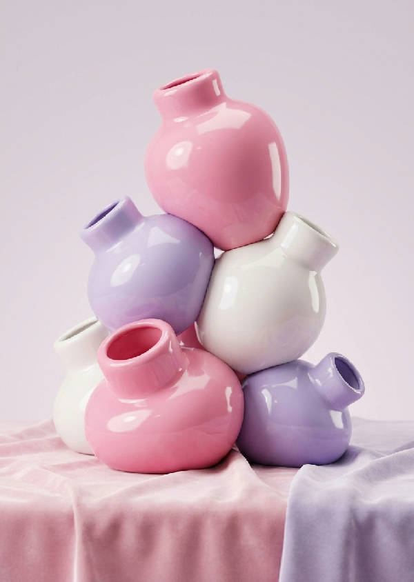 Precär stapel av glänsande, uppblåsta ballongvaser i pastellrosa, lila och vitt på mjuk sammet. Mjukt studioljus.