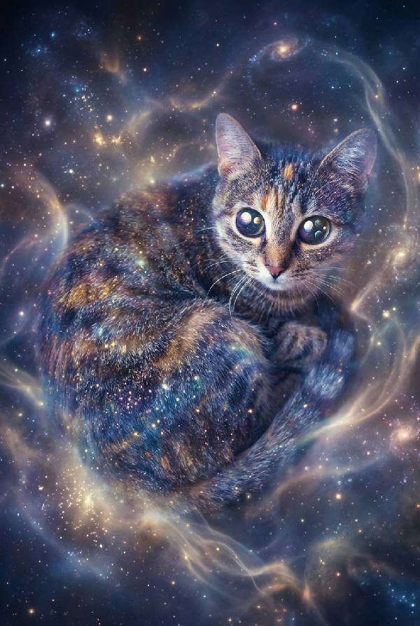 Porträtt av en eterisk galaxkatt som ligger bland virvlande stjärnor och nebulosor, pälsen glittrar som konstellationer, ögonen reflekterar avlägsna planeter i en drömsk kosmisk miljö.