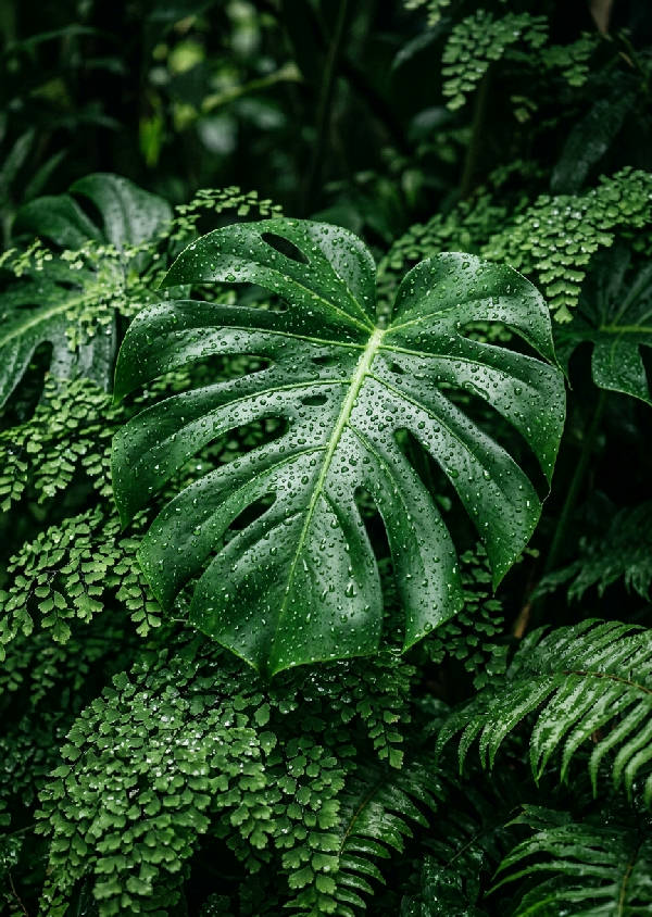Närbild av frodiga gröna tropiska blad täckta med glittrande daggdroppar i porträttformat.