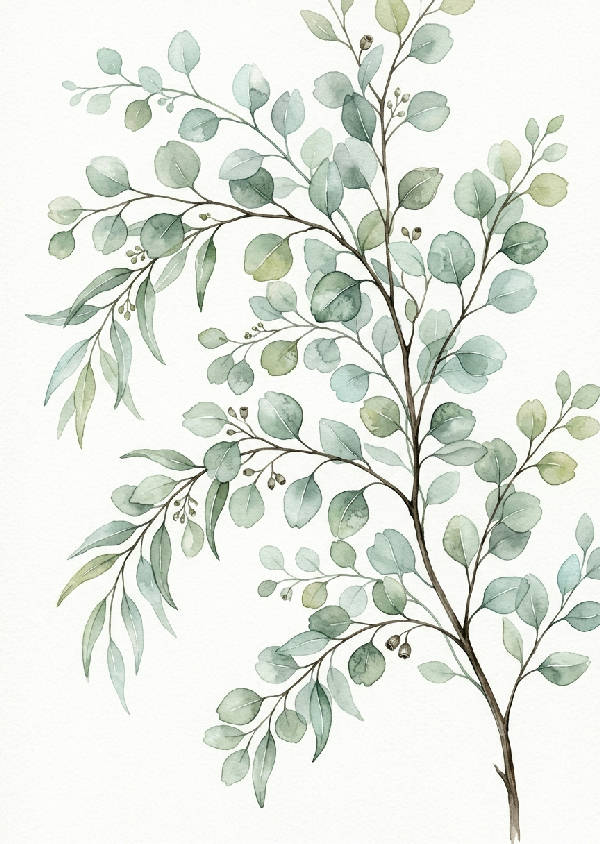 Närbild av eukalyptusgrenar med runda blad i olika nyanser av salviagrön akvarellmålning på vit bakgrund, i porträttformat.