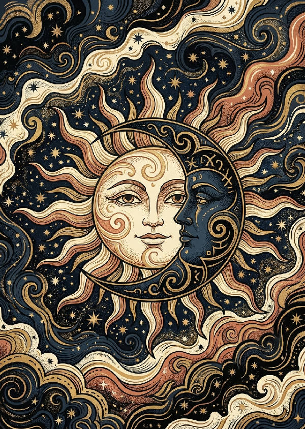Intrikat platt bläckillustration av en mystisk sol och måne i omfamning. Guld, djupt marinblå, svart, varm kräm, mjuk terrakotta.