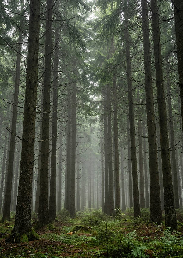 Fotorealistisk bild av täta grantoppar som sträcker sig mot en dimmig himmel i en svensk skog.