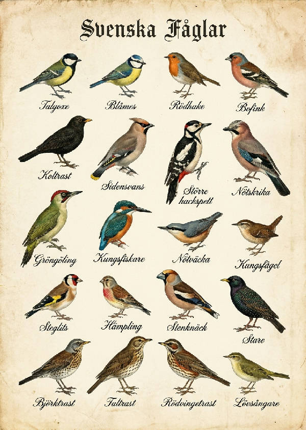 Vintage handkolorerad illustration av svenska fåglar, inklusive talgoxe, blåmes, rödhake, i 1800-talsstil på åldrat papper, med namnet 'Svenska Fåglar' överst och varje fågel märkt med sitt svenska namn.