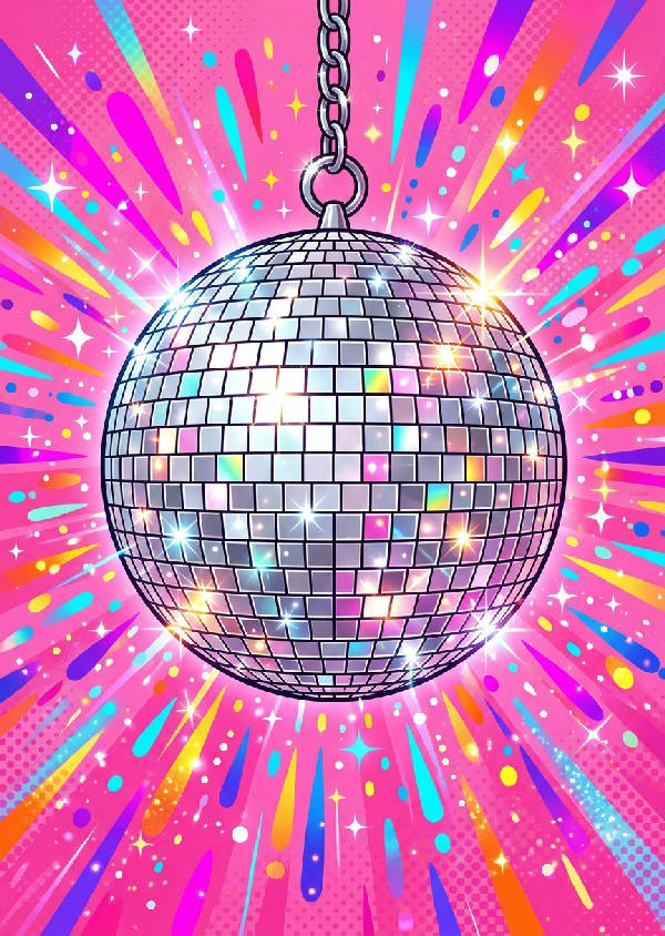 En gnistrande discokula i popkonststil med vibrerande guld och gula färger mot en abstrakt bakgrund.