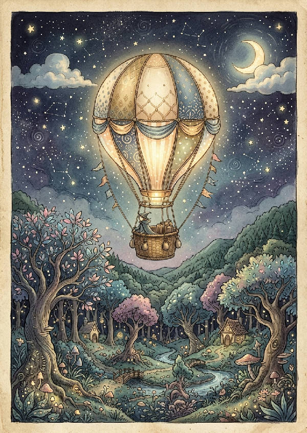 En förtrollande vintage illustration av en luftballong som svävar över en dimmig sagoskog i gröna toner.