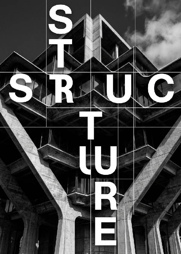 Stående affisch med abstrakta minimalistiska arkitektoniska linjer och subtila typografiska element i svart och vitt.