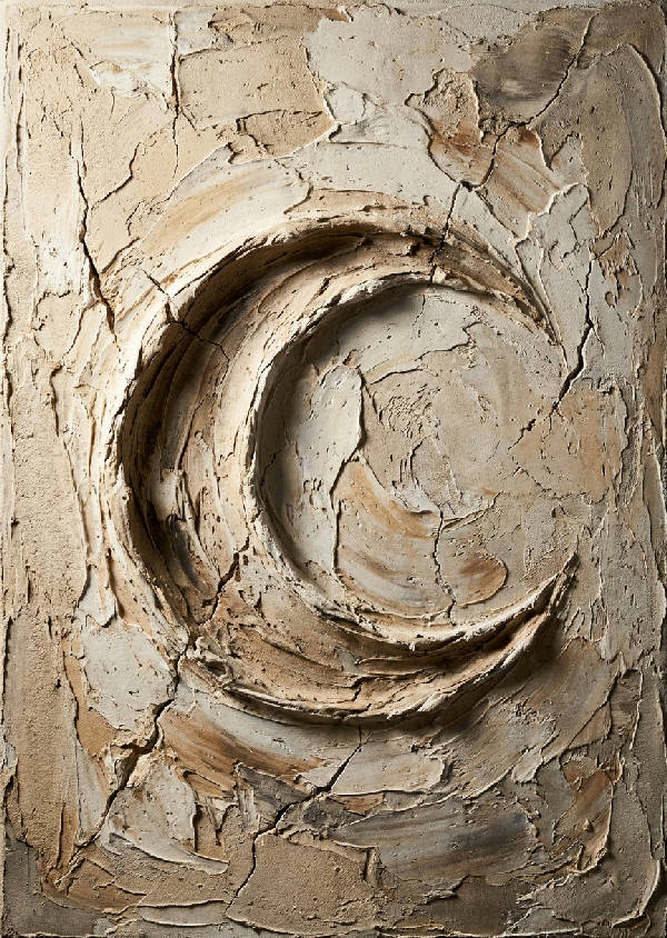 Abstrakt impasto-målning av en djupt snidad halvmåne i grov, sprucken gips med starkt sidoljus.