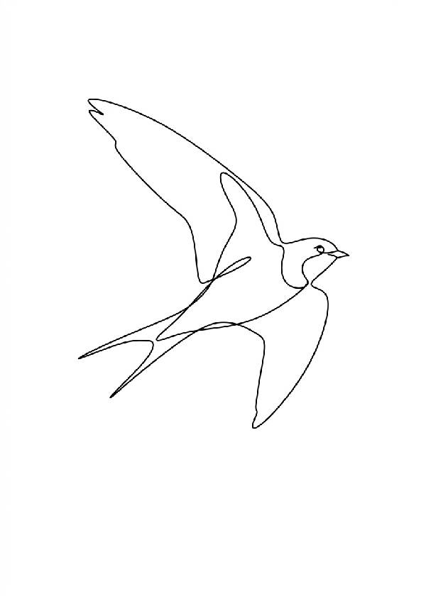 En elegant illustration av en flygande svala i minimalistisk svart line art mot en ljus bakgrund, i porträttformat.