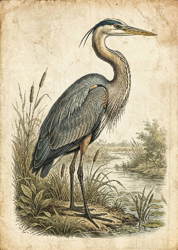 Vintage illustration av en häger i en fridfull naturscen, tecknad med detaljerade penseldrag och jordnära färger