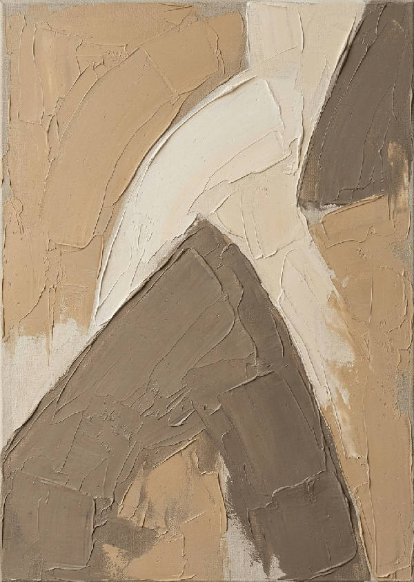 Abstrakt minimalistisk konst i vertikalt format med geometriska former i beige och taupe nyanser