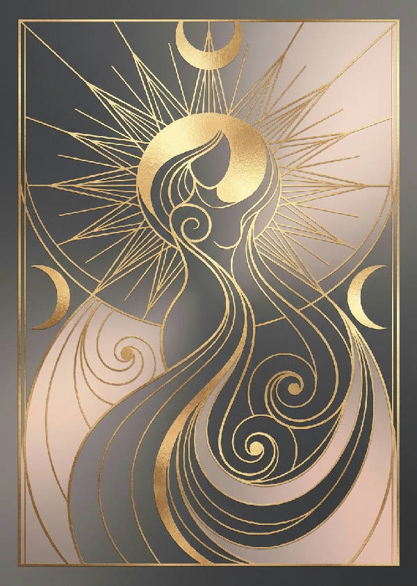 Linjekonst illustration i Art Deco-stil av en stiliserad sol med kvinnlig form, i skimrande guldfolie på matt bakgrund, med geometriska solstrålar och eleganta kurvor.