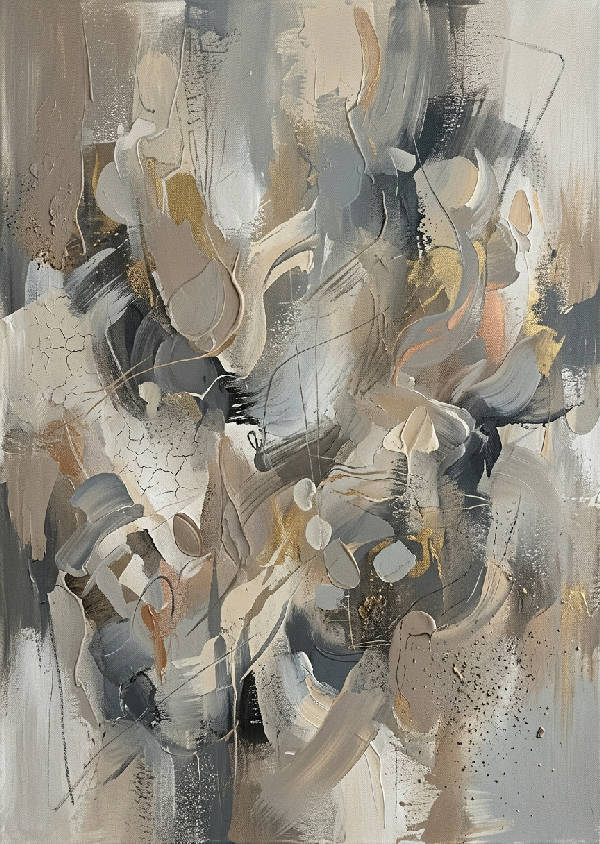 Abstrakt målning med lager av neutrala gråa, vita och beigea toner, skapar en lugn texturerad effekt i porträttorientering.