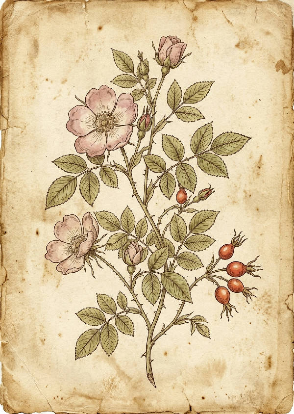 Antik botanisk akvarellmålning av en skir vildros med rosa blomblad och gröna bladverk i stående format.