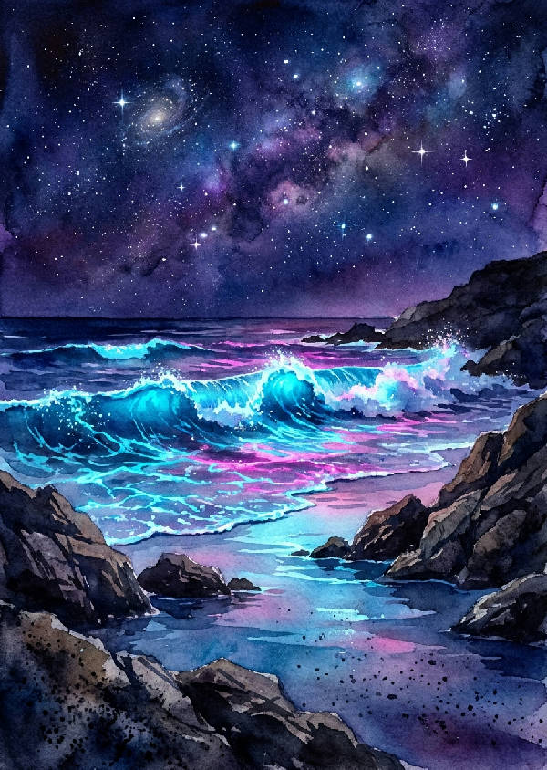Mättad akvarell av avskild midnattsstrand. Bioluminescerande cyan- och magentavågor kontrasterar mörka klippor under lila stjärnhimmel. Liggande.