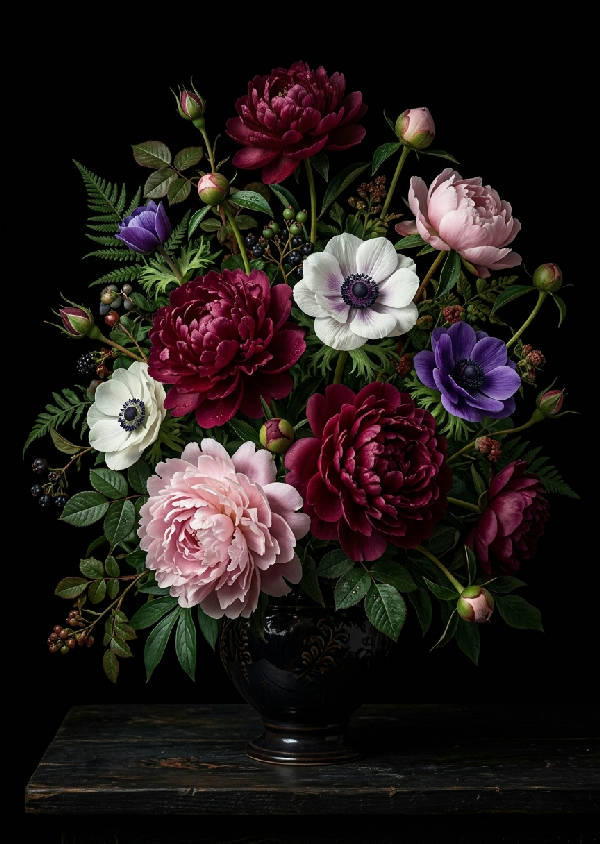 Detaljerad närbild av dramatiska blommor med mörka, rika kronblad mot en djupsvart, sammetslen bakgrund. Blommorna är i full blom och fångar ljuset på ett effektfullt sätt, vilket skapar starka kontraster.