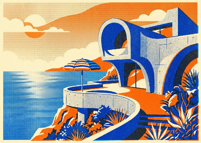 En livfull risografisk poster som föreställer en retro-futuristisk brutalistisk villa vid en azurblå kust, med en klassisk solparasoll.