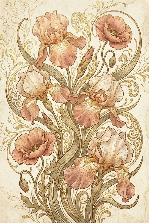 Detaljerad Art Nouveau-poster med graciösa irisar och vallmoblommor, intrikata guldlinjer och mjuk persika-guldfärg, motiv på texturerad krämbakgrund
