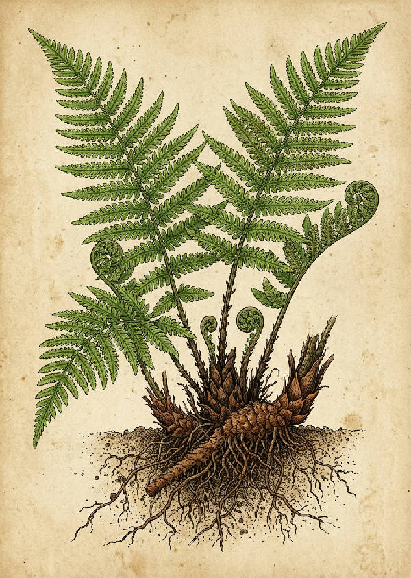Detaljerad vintageillustration av en ormbunke på ett pergamentliknande papper med textur