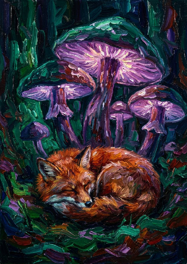 Tjock oljemålning med synliga penseldrag av en röd räv som sover under stora lysande svampar i en mörk skog.