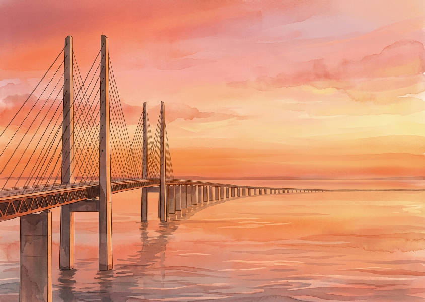 Grafisk illustration av Öresundsbron i gyllene timmen med orange och rosa himmel som speglas i vattnet