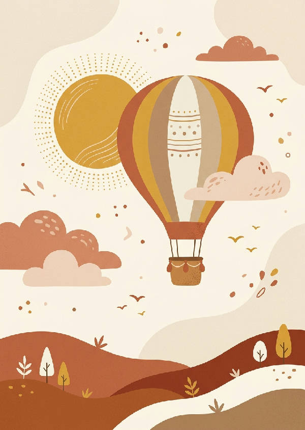 En minimalistisk illustration av en luftballong i jordnära bruna, beige och grå toner mot en ljus bakgrund, i porträttformat.