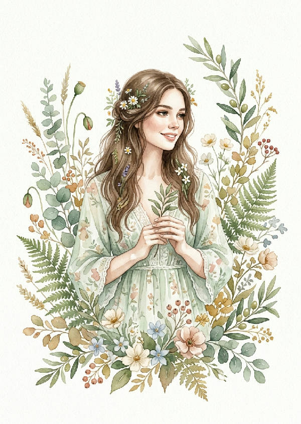 Närbild av en jungfrublomma i akvarellstil, med delikata gröna blad och knoppar på vit bakgrund.