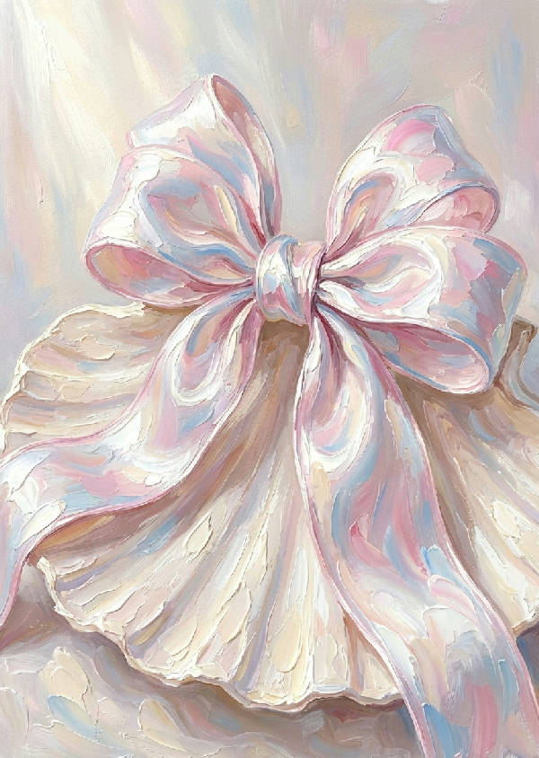 Impasto-målning av en glansig, veckad rosett i rosa och blått som vilar på ett stort, räfflat snäckskal i pärlemor, badat i mjukt morgonljus.