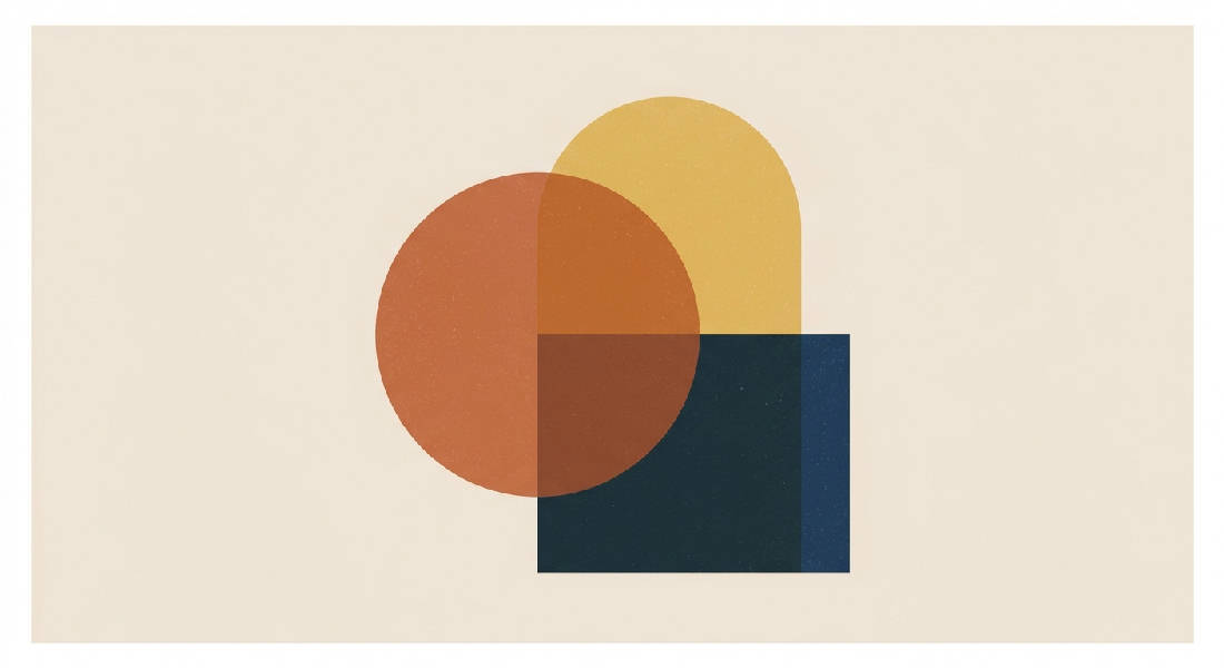 Minimalistisk mid-century modern abstrakt konst. Överlappande terrakottacirkel, senapsgul båge, marinblå rektangel på beige. Platt vektor med subtil risograftextur.