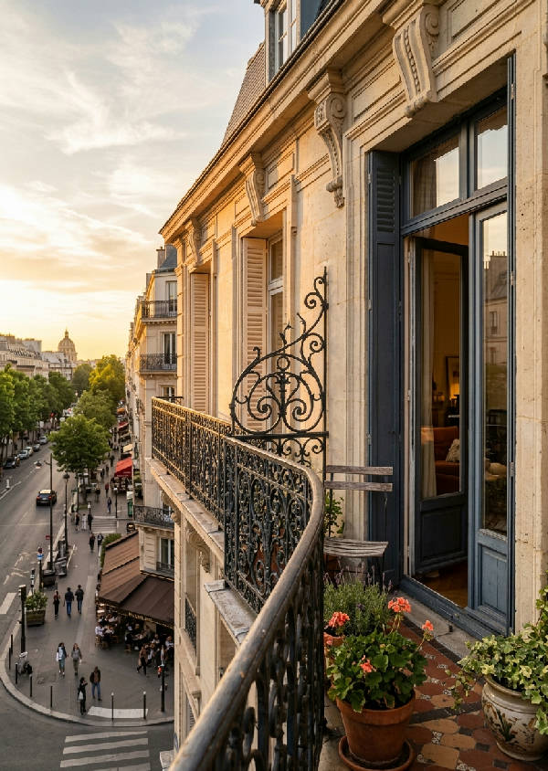 Fotografi av en klassisk parisisk balkong med smidesjärn badad i varmt orange kvällsljus och solnedgång.