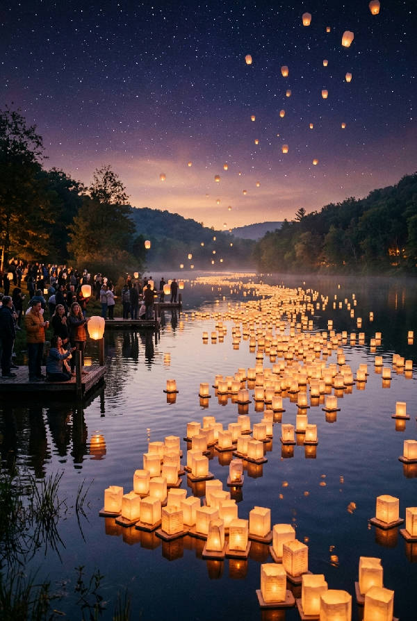 Hundratals glödande papperslyktor flyter över en stillsam sjö under en stjärnklar himmel med mjuka reflektioner i vattnet.