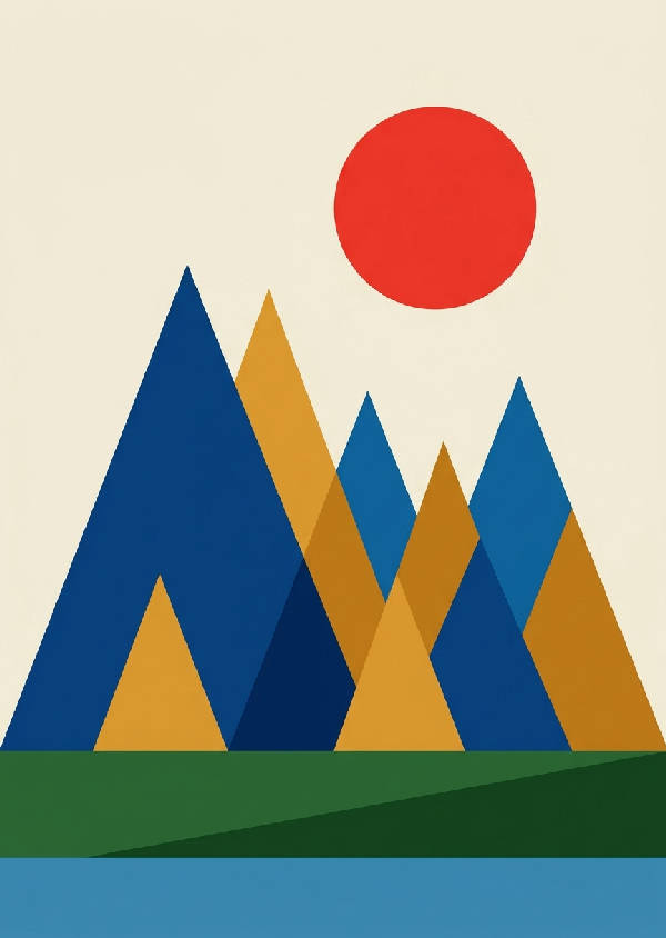 Ett abstrakt geometriskt landskap med former i nyanser av blått, rött och gult mot en ljus bakgrund, i porträttformat.