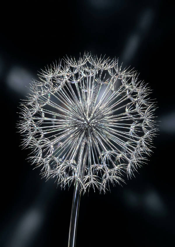 Makrofotografi av en ensam maskros med kronblad av reflekterande flytande krom mot mörk bakgrund.