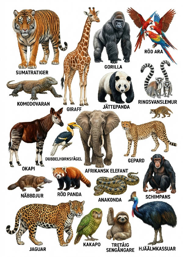 Närbild av en samling exotiska djurillustrationer på en vit bakgrund, med djurens namn undertill i svart text. Djur som elefanter, giraffer, zebror och lejon är synliga.