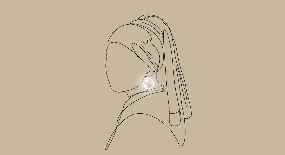 Minimalistisk abstrakt porträtt i en enda flytande linje som föreställer en kvinnlig profil med pärlörhänge mot en mjukt varm beige bakgrund.