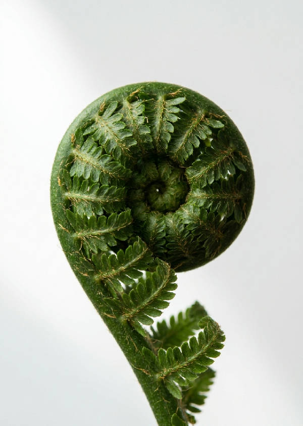 Närbild av en ormbunksbräken som vecklar ut sig, med fokus på dess fraktala mönster och gyllene snitt-spiral. Mjukt naturligt ljus belyser den detaljerade grönskan mot en vit bakgrund.