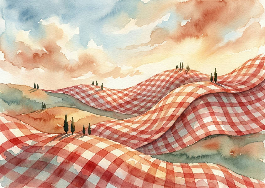 Akvarellmålning av surrealistiska kullar som övergår i ett rött och vitt rutigt picknicktäcke. Gyllene timmens ljus lyser på avlägsna cypress träd.