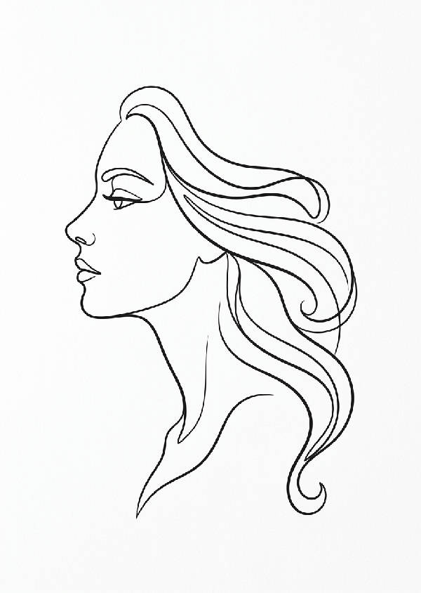 Abstrakt enlinjekonst av ett kvinnoansikte i profil, minimalistisk svart linje på vit bakgrund, stående format.