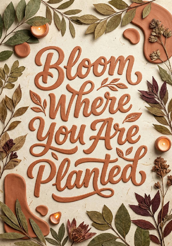 Närbild av en typografiaffisch som lyder 'Bloom Where You Are Planted' med handtextade bokstäver omgiven av organiska löv och terrakottaaccenter