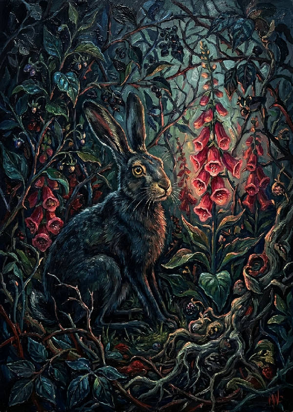 Svart hare med gyllene ögon i mörk oljemålning. Glödande fingerborgsblomma, nattskugga i skuggig skog. Impasto, chiaroscuro.