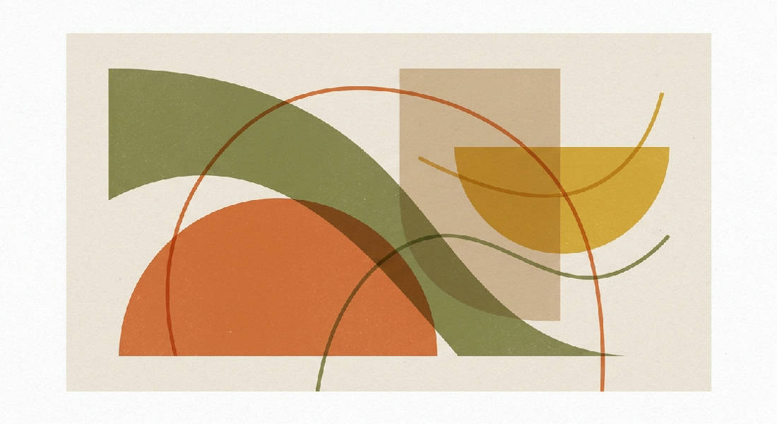 Minimalistisk abstrakt komposition med geometriska former, svepande kurvor och halvcirklar i bränd orange, senapsgul, olivgrön, beige.