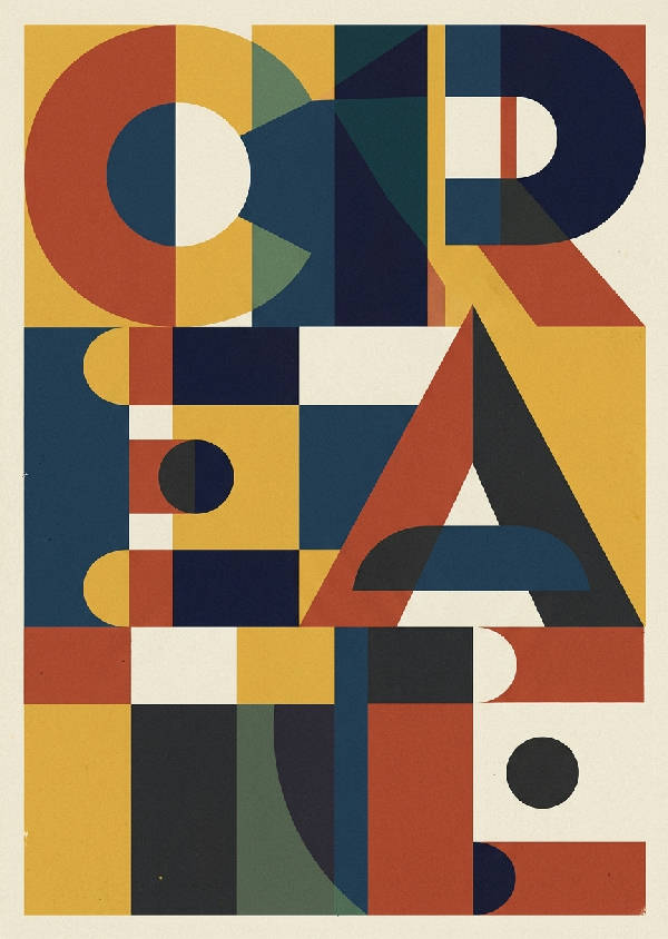 Abstrakt Bauhaus-typografiaffisch med djärva svarta geometriska former och skarpa linjer i porträttformat.