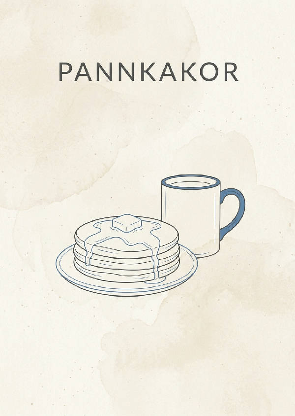 Minimalistisk linjeteckning av en hög med pannkakor med en blå mugg och texten 'PANNKAKOR' på en mjuk, texturerad bakgrund.
