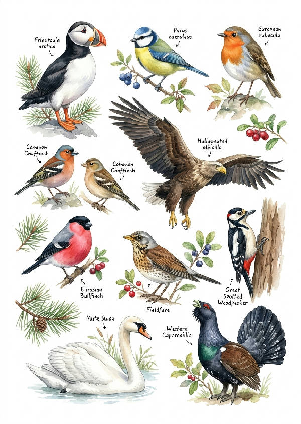 Detaljerade akvarellillustrationer av olika skandinaviska fåglar på en ren vit bakgrund med små etiketter.