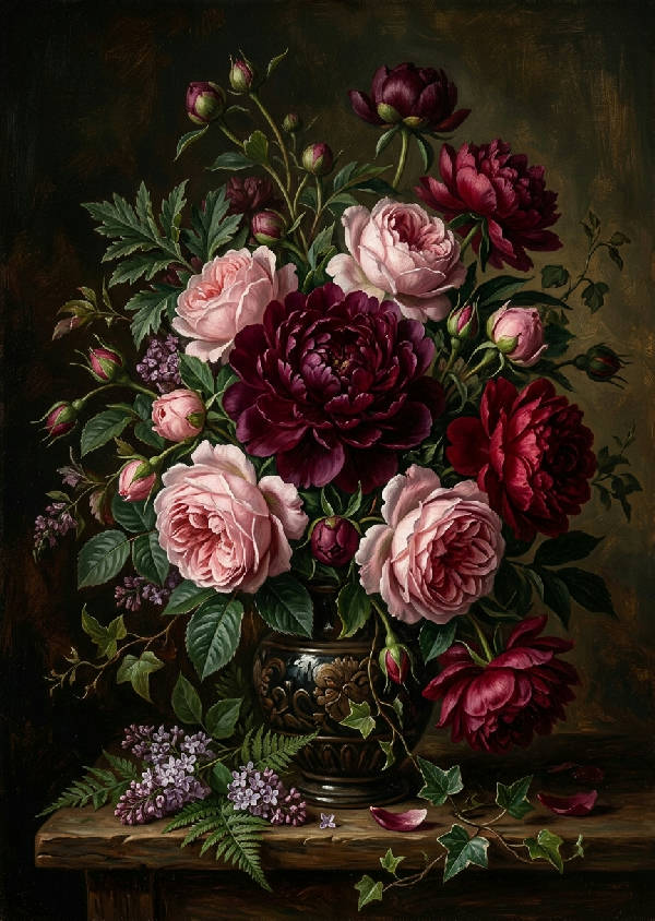 Stående botanisk konstposter med mörka vintageblommor i dämpade toner mot en djup svart bakgrund