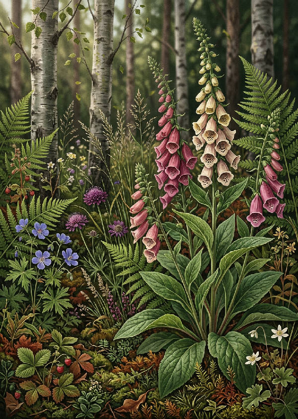 Vertikal bild av en tät skog med höga träd, insvepta i en lätt dimma med mossgrön färg