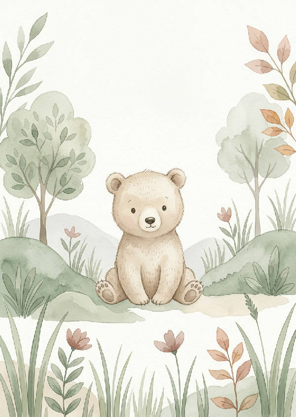 Minimalistisk illustration i akvarellstil föreställande en liten beige björn som sitter bland gröna träd i en skog.