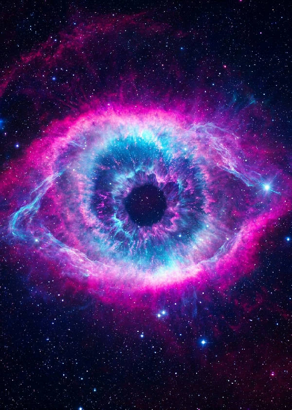 Surrealistisk 3D-rendering av en kosmisk nebulosa formad som ett jättelikt öga med neonrosa och cyanblå gasmoln.
